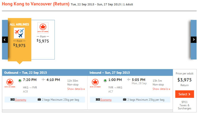 加拿大航空香港飛溫哥華 HK$3,975($連稅HK$4,886)