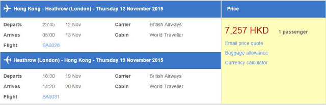 英航 British Airways香港飛倫敦 來回機位$5,280起(連稅HK$7,527)