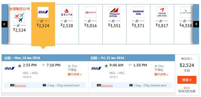 ANA 香港往返： 名古屋 HK$2,524(連稅HK$2,946)